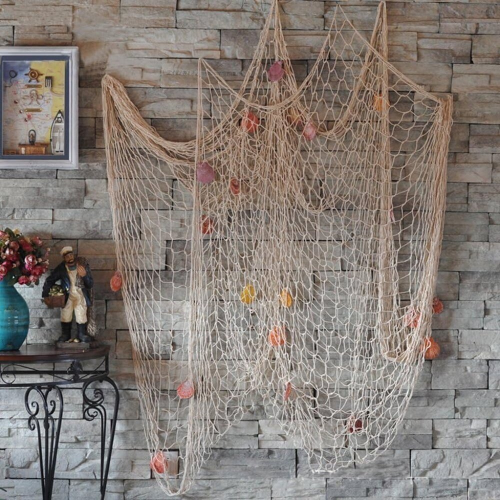 Nature Fish Net Wall Decoration with Shells, Ocean Themed Wall Hangings Fishing - Picture 6 of 7